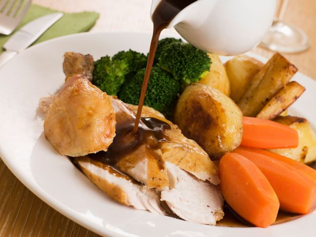 Roast chicken dinner with gravy
